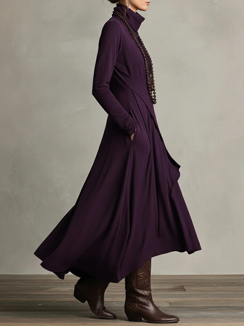Aurelia Asymmetric Pleated Maxi Dress With High Collar