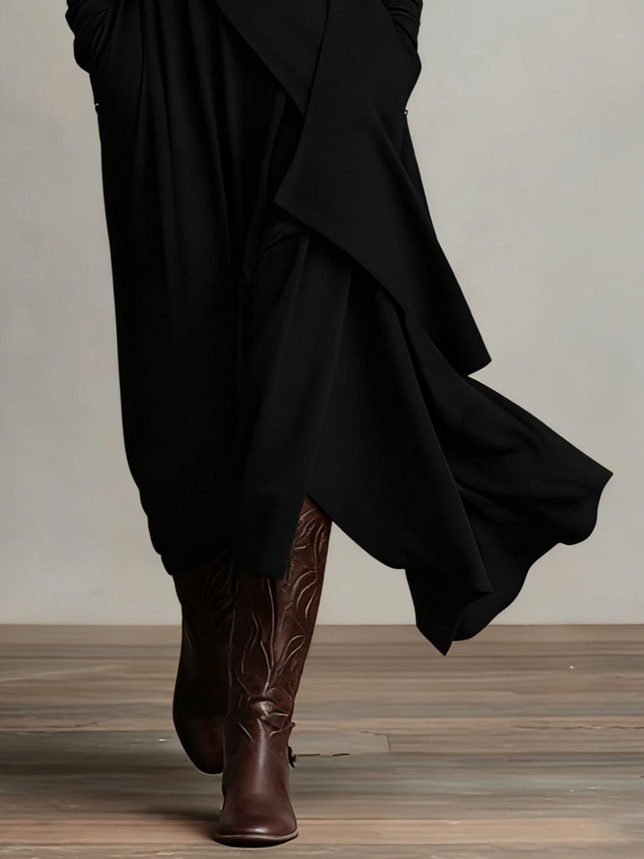 Aurelia Asymmetric Pleated Maxi Dress With High Collar