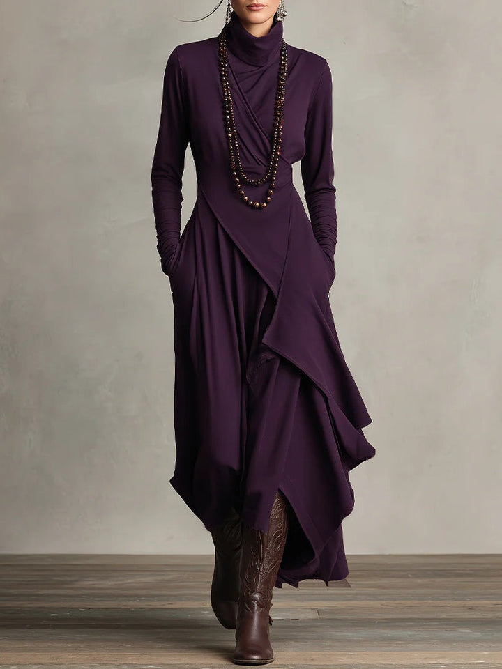 Aurelia Asymmetric Pleated Maxi Dress With High Collar