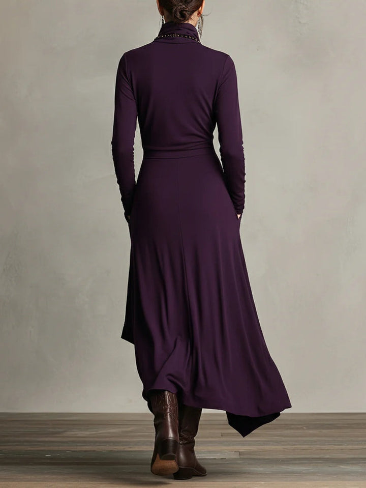 Aurelia Asymmetric Pleated Maxi Dress With High Collar