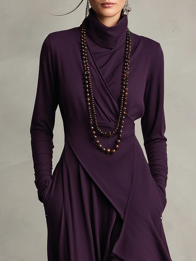 Aurelia Asymmetric Pleated Maxi Dress With High Collar