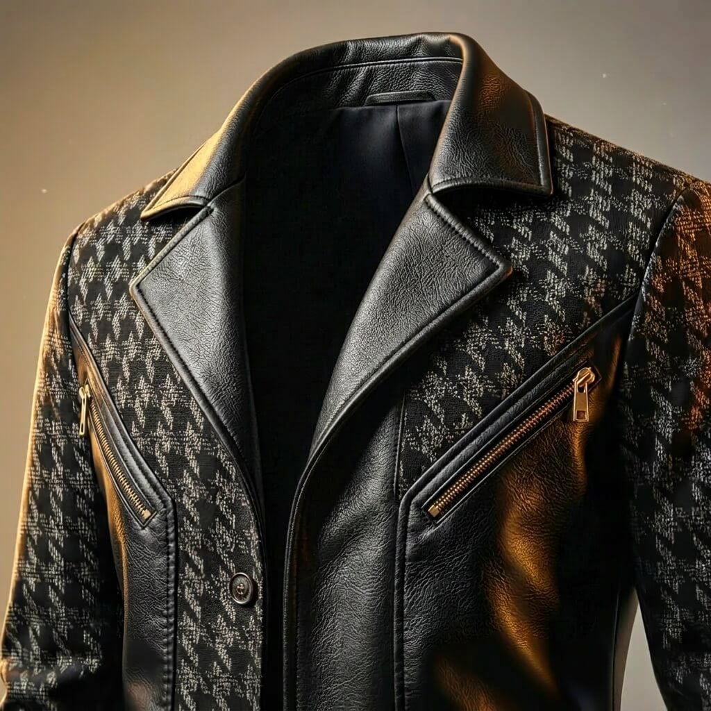 Giorgio | Leather and Houndstooth Blazer with Notch Lapels for Men