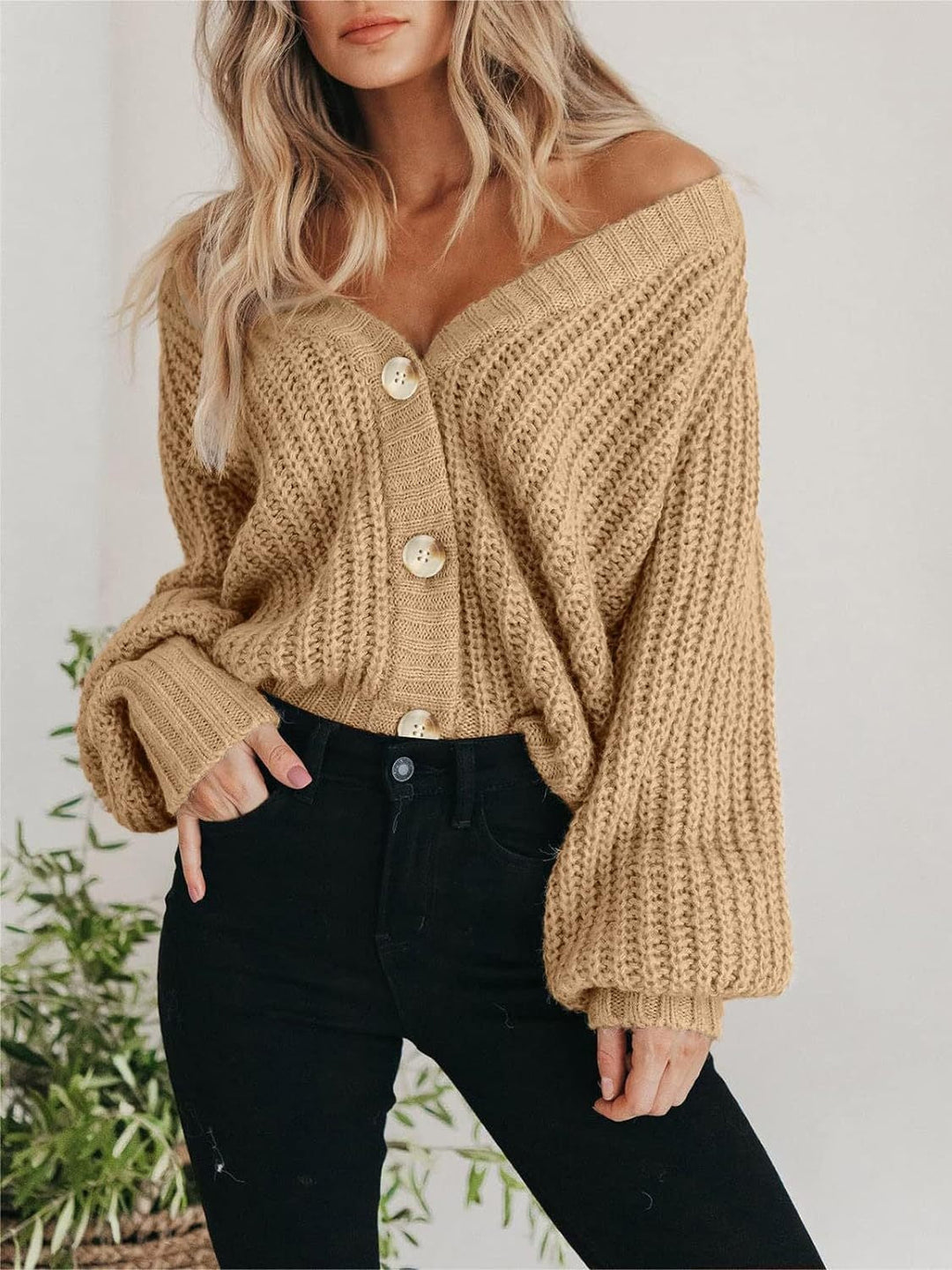 Cassandra | Chunky Knit Cardigan with Deep V Neck and Buttons for Women