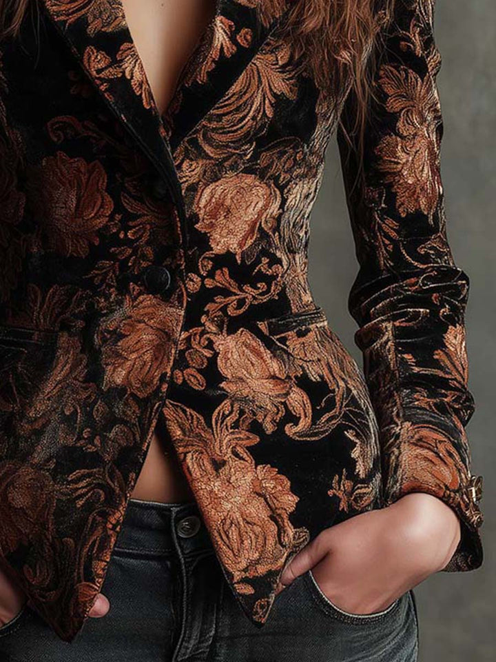 Bronwen | Black and Bronze Floral Print Tailored Blazer