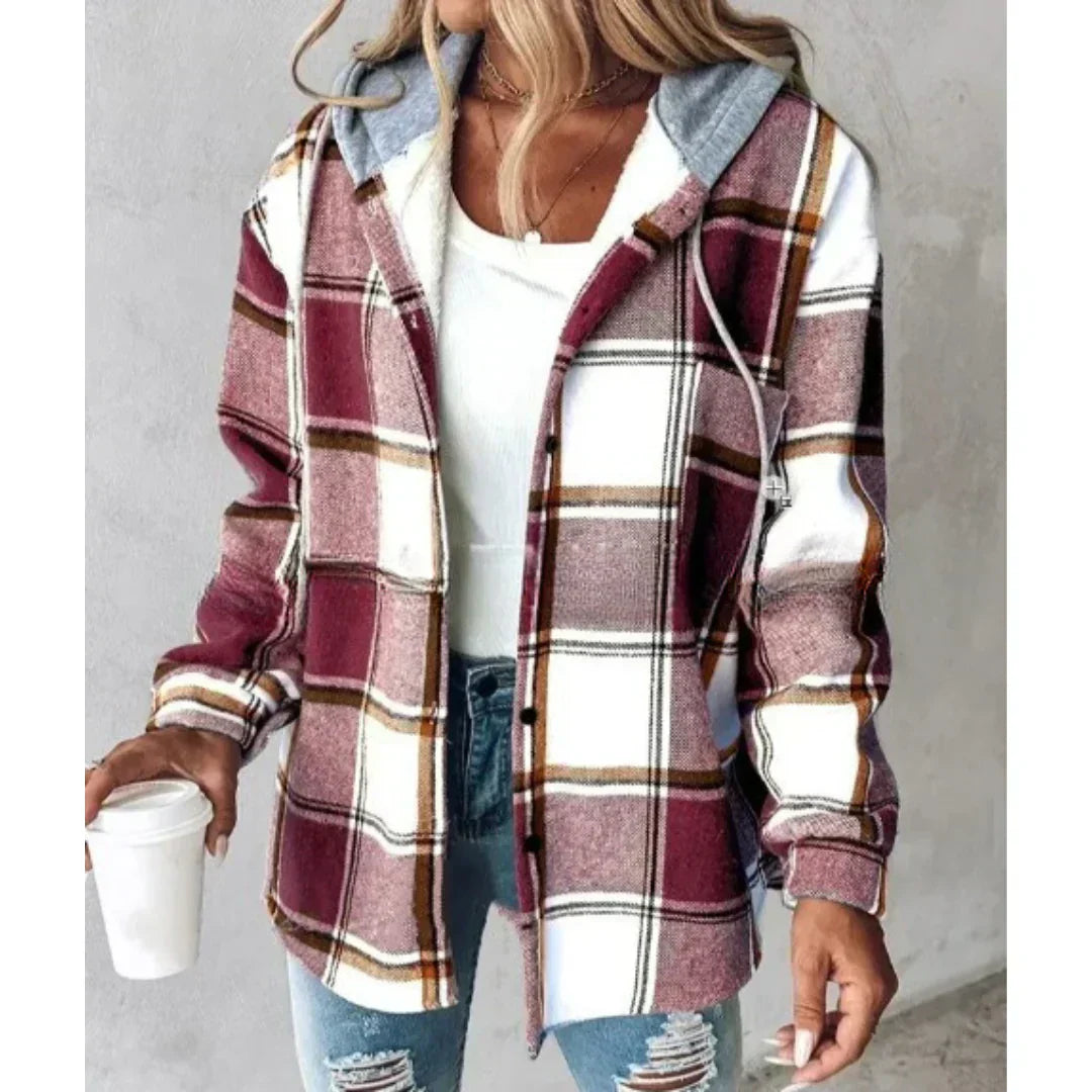 Klea | Plaid Hooded Shirt Jacket with Button Down Front for Women