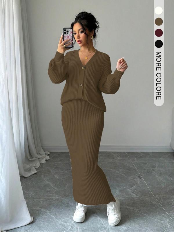 Lea | Button Front Knit Sweater and Long Skirt Set for Women