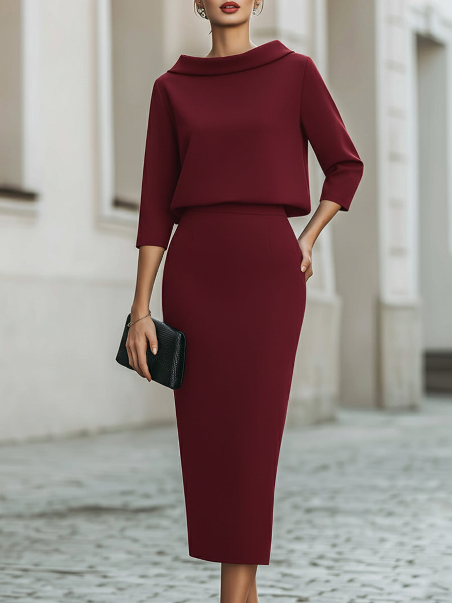 Sloane | Boat Neck Top and Midi Skirt Set with Structured Cut for Women
