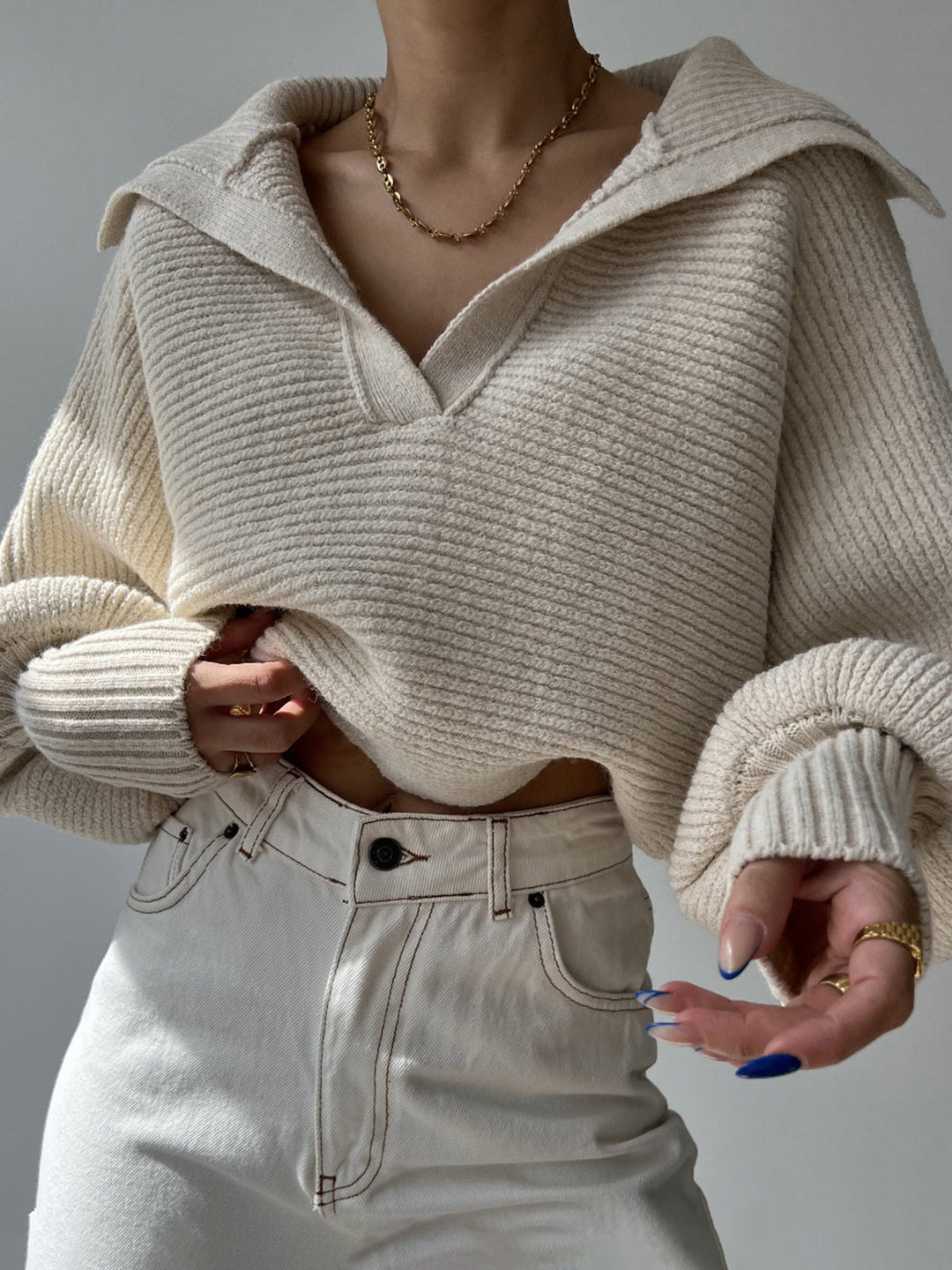 Jane | Ribbed Polo Sweater with Split Collar and Wide Cuffs for Women