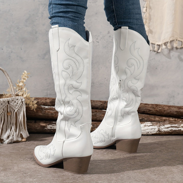 Merle | Embroidered Knee High Western Boots with Block Heel for Women