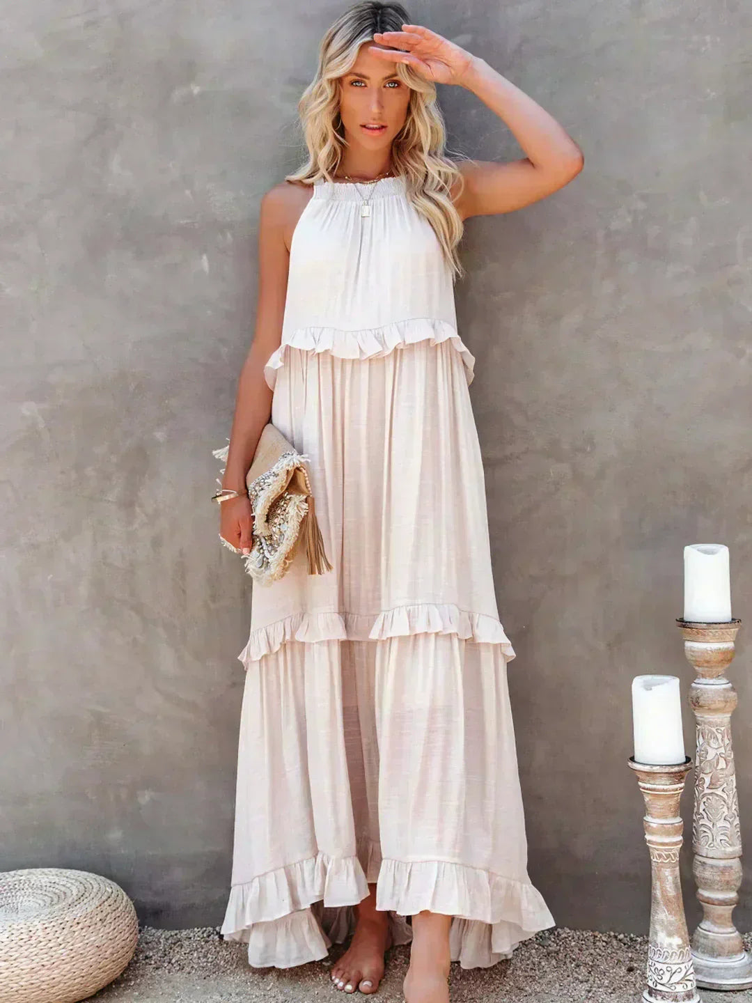 Delilah - Elegant Halter Neck Ruffle Trim Dress
