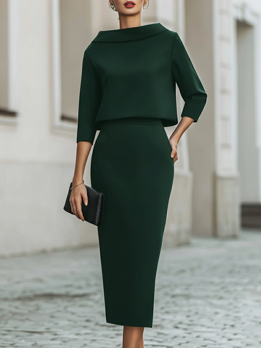 Sloane | Boat Neck Top and Midi Skirt Set with Structured Cut for Women