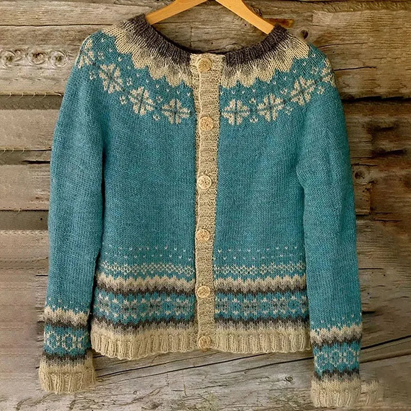 Allaira | Icelandic Inspired Knit Cardigan with Patterned Yoke for Women