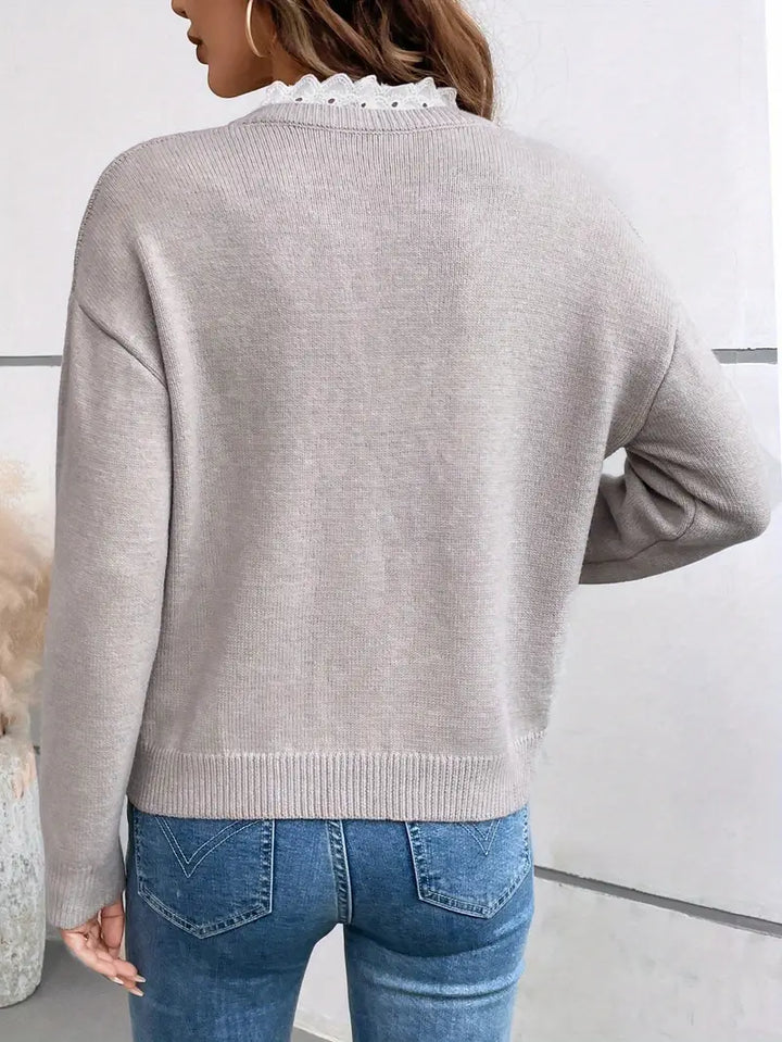 Celine - Chic Knit Sweater With Elegant Lace Collar