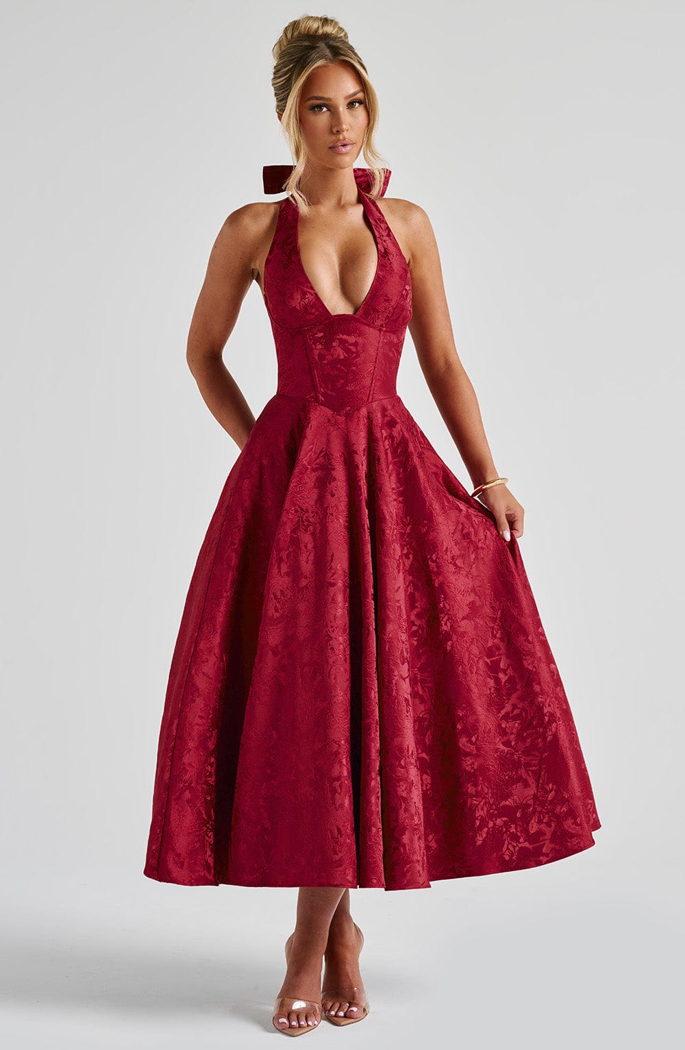 Renata - Jacquard Lace-Up Waist Maxi