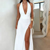 Delia - Lace-Up Plunge Neck Backless Party Dress