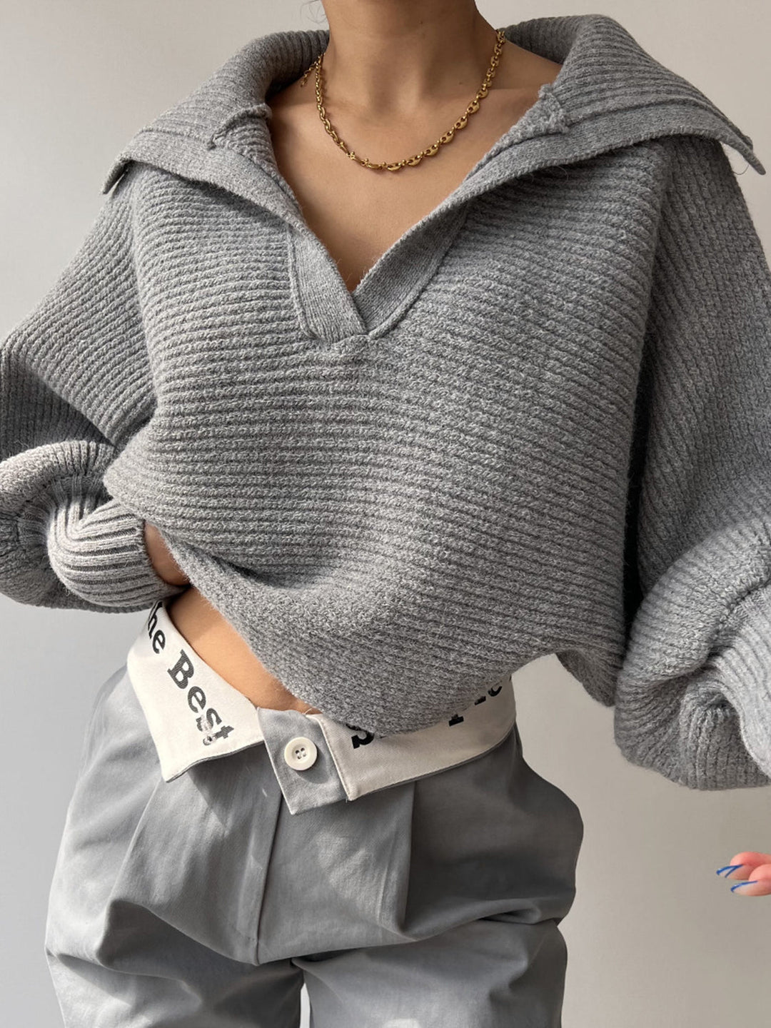 Jane | Ribbed Polo Sweater with Split Collar and Wide Cuffs for Women