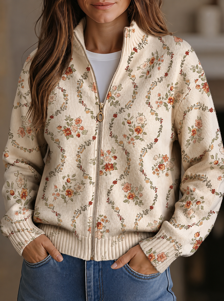 Persephone | Delicate Floral Vine Cream Print Cardigan