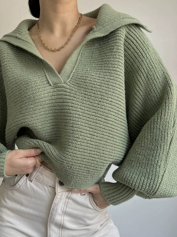 Jane | Ribbed Polo Sweater with Split Collar and Wide Cuffs for Women