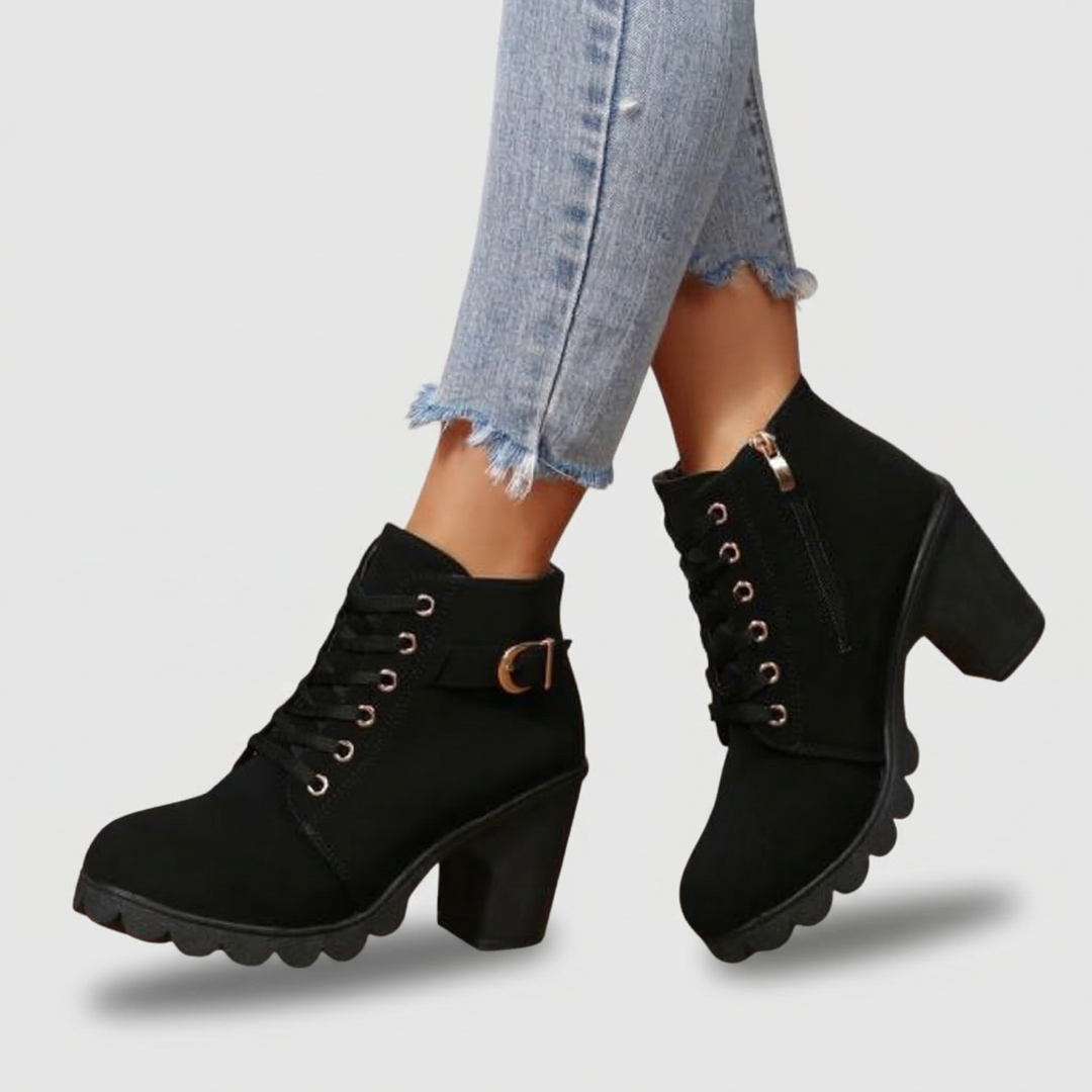 Karin | Lace Up Chunky Ankle Boots with Metal Buckle Trim for Women