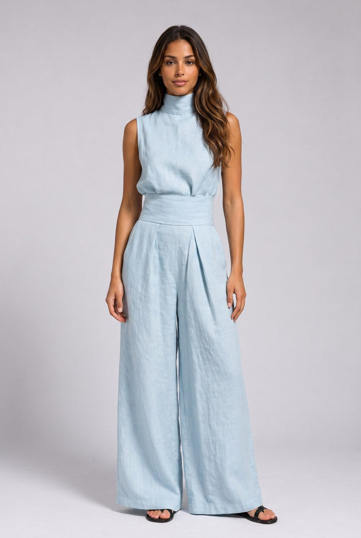 Aleia | Linen Blend Two Piece Set with Wide Leg Trousers for Women