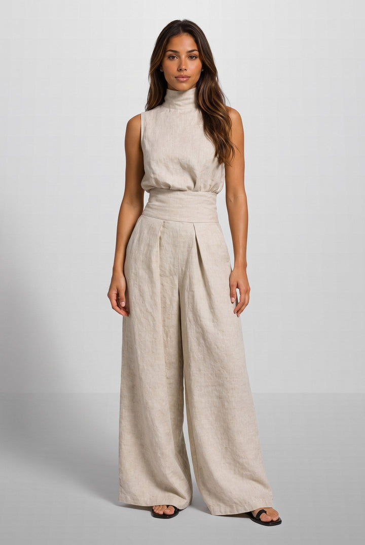Aleia | Linen Blend Two Piece Set with Wide Leg Trousers for Women