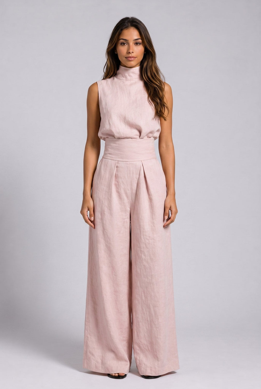 Aleia | Linen Blend Two Piece Set with Wide Leg Trousers for Women