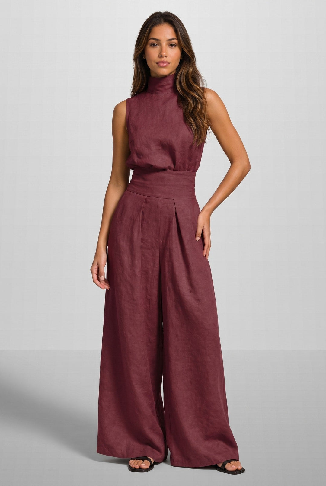Aleia | Linen Blend Two Piece Set with Wide Leg Trousers for Women