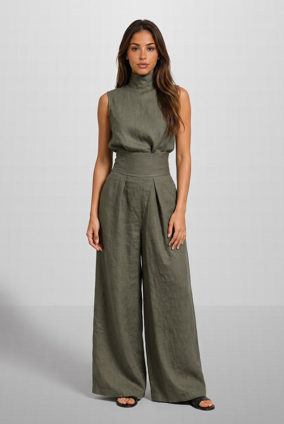 Aleia | Linen Blend Two Piece Set with Wide Leg Trousers for Women