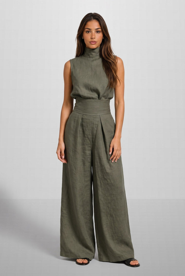 Aleia | Linen Blend Two Piece Set with Wide Leg Trousers for Women