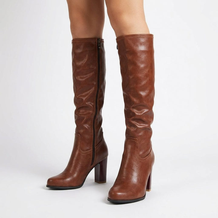 Romy | Block Heel Leather Knee High Boots with Round Toe for Women