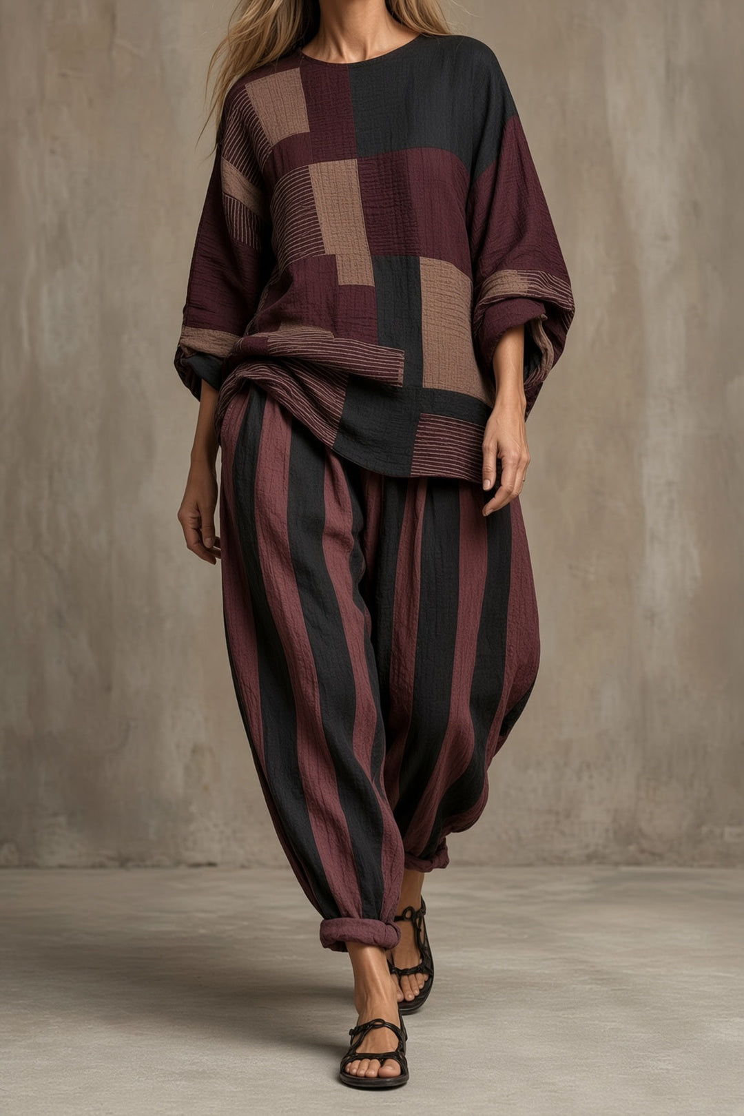 Natalie | Relaxed Two Piece Set with Contrasting Patterns for Women