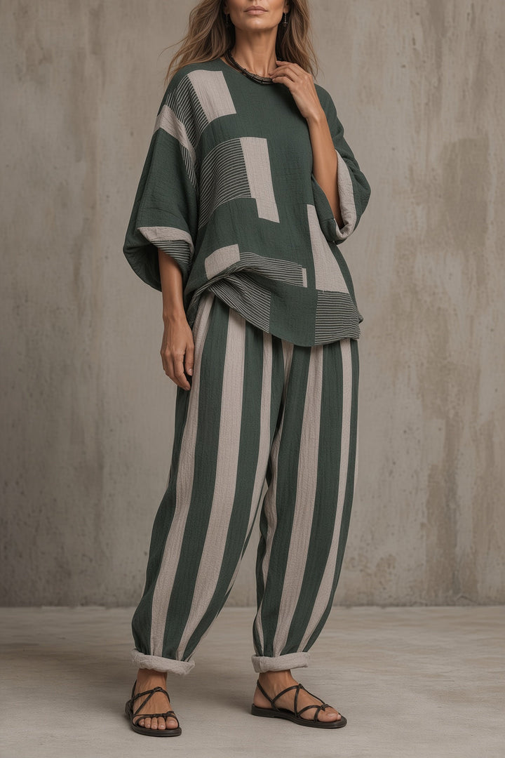Natalie | Relaxed Two Piece Set with Contrasting Patterns for Women