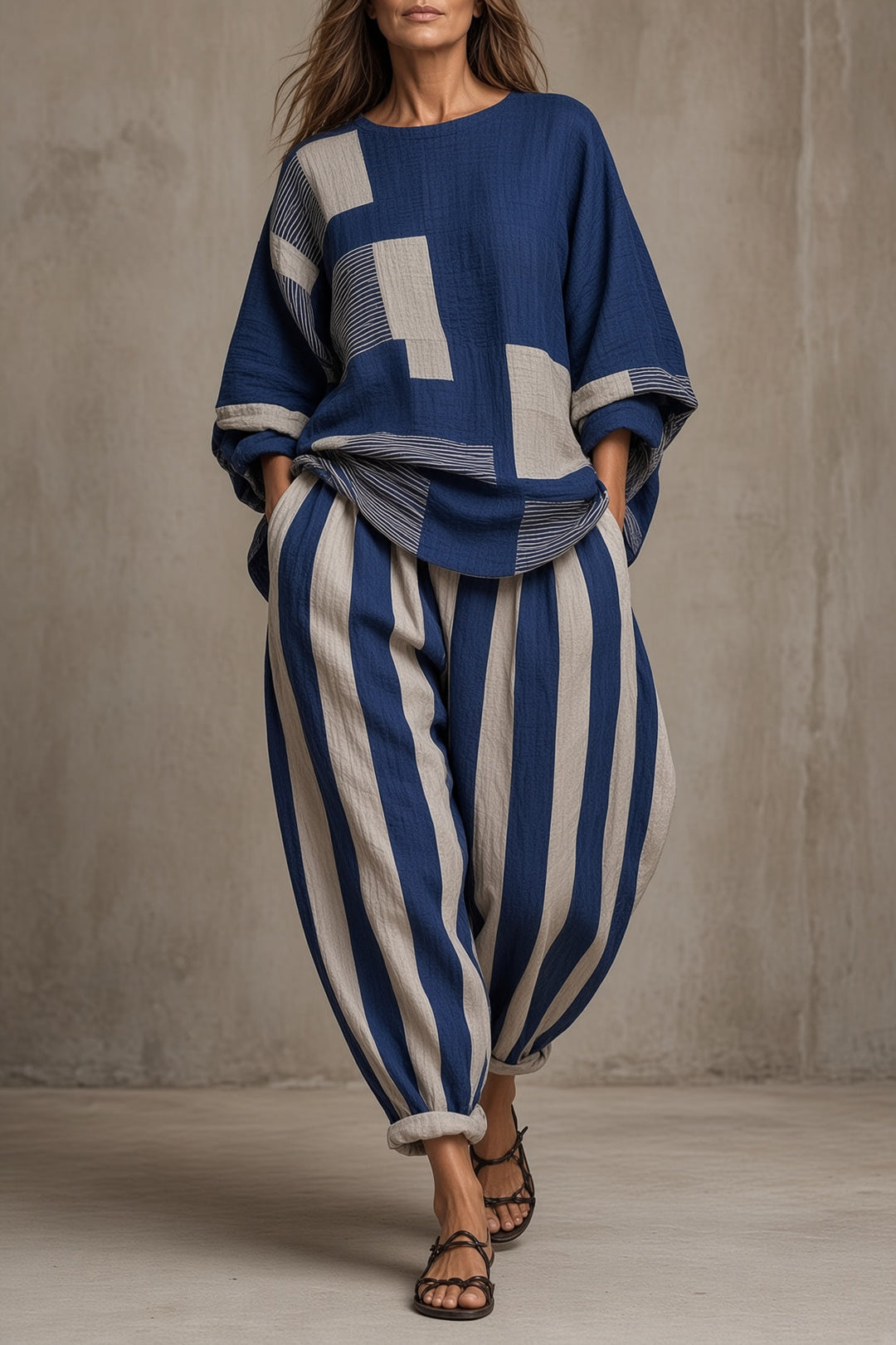 Natalie | Relaxed Two Piece Set with Contrasting Patterns for Women