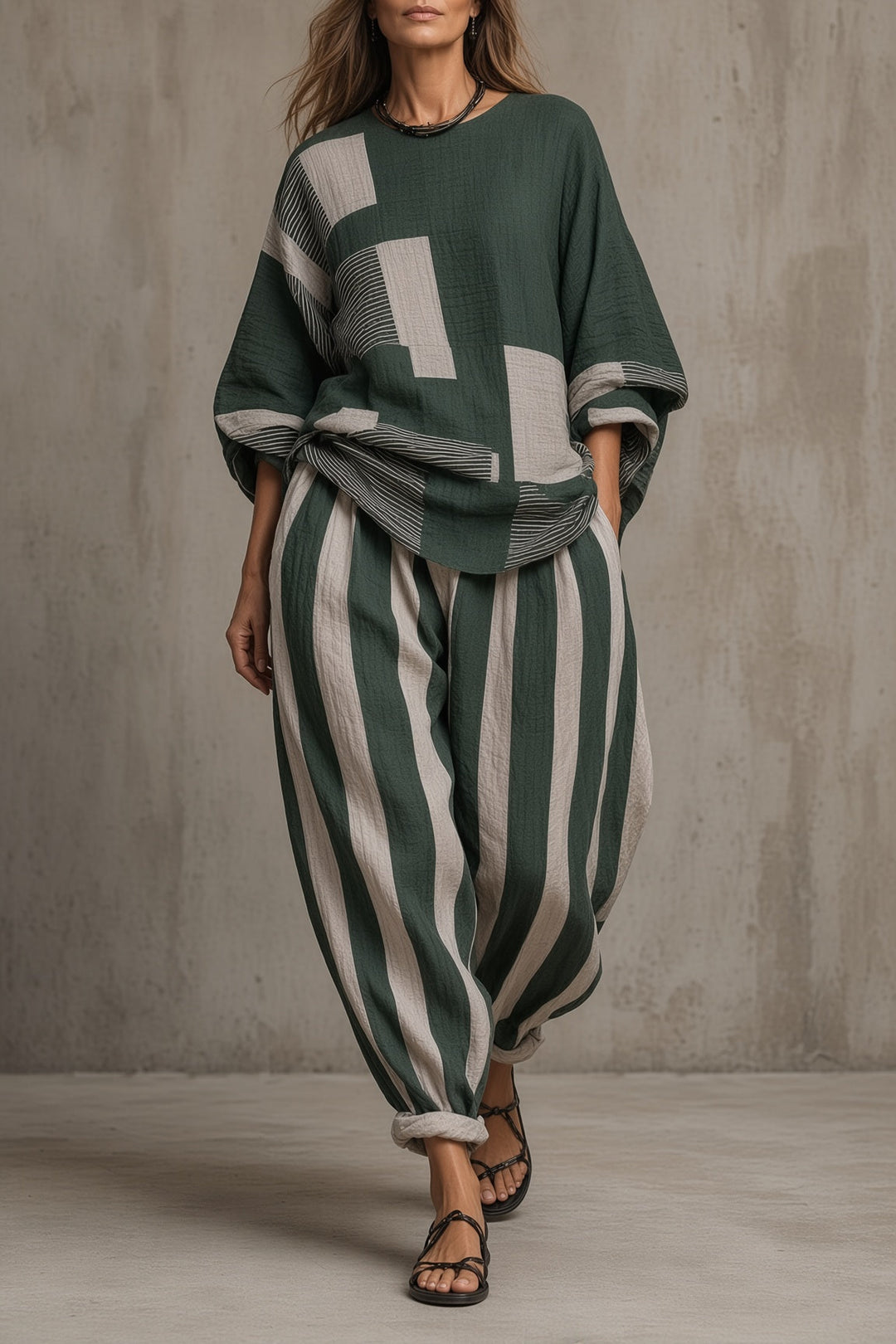Natalie | Relaxed Two Piece Set with Contrasting Patterns for Women
