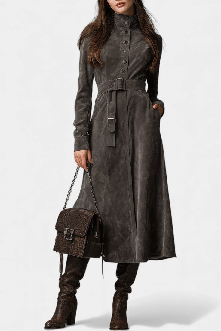 Lexara | Belted Longline Western Coat with Stand Collar for Women