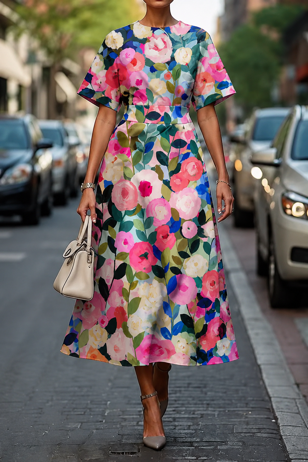 Evelyn | Draped Botanical Print Midi Dress with Wide Sleeves for Women