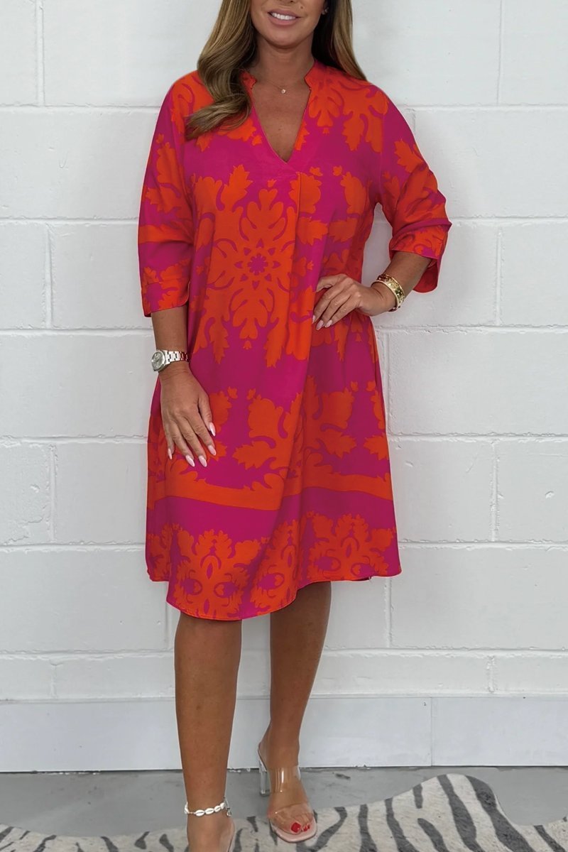 Kenzie - Bohemian Retro Print V-neck Cropped Sleeves Dress