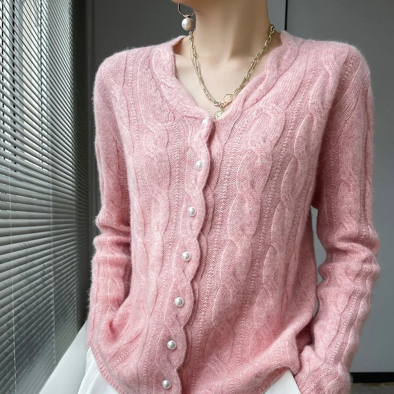 Athena | Wool Cable Cardigan with Pearl Buttons and V Neck for Women