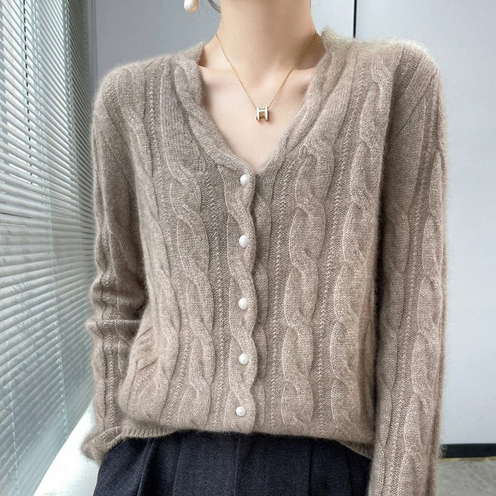Athena | Wool Cable Cardigan with Pearl Buttons and V Neck for Women
