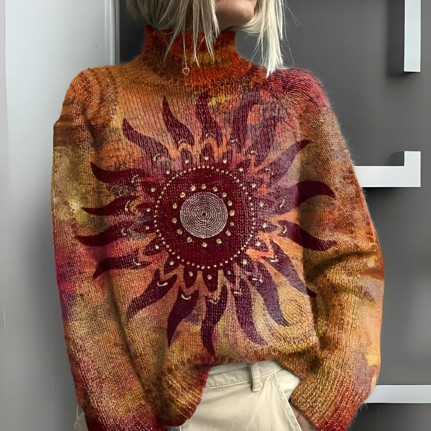 Eline - Warm Knitted Turtleneck Sweater with Tribal Sun Motif