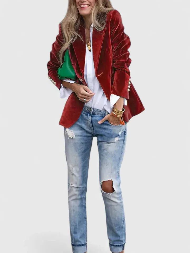 Ottilie | Velvet Blazer with Notch Lapel and Button Front for Women