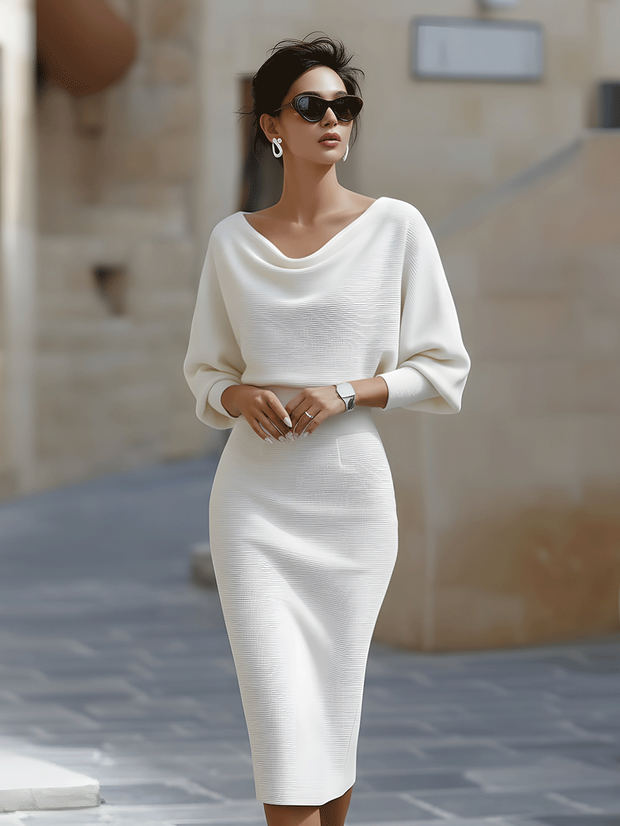 Rosabelle | Draped Cowl Neck Long Sleeve Midi Dress for Women