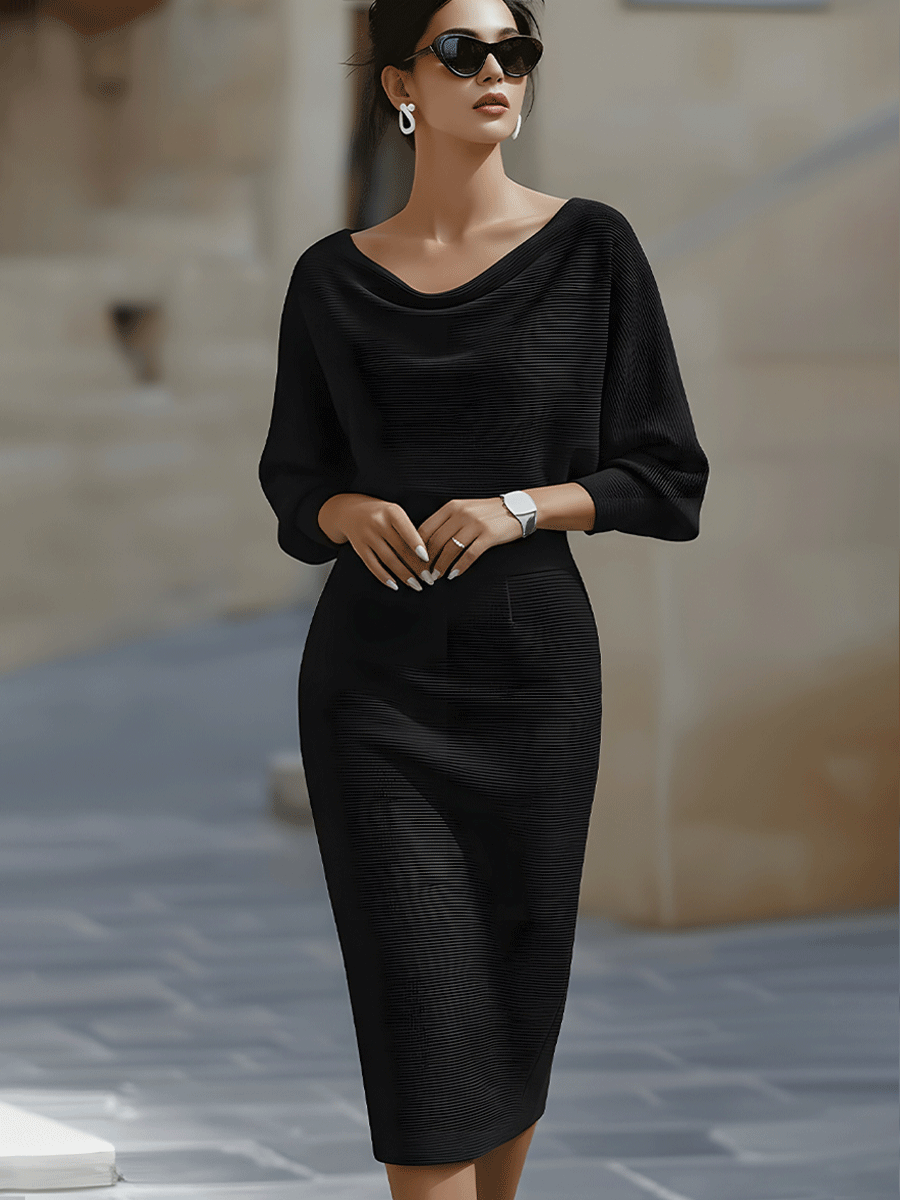 Rosabelle | Draped Cowl Neck Long Sleeve Midi Dress for Women