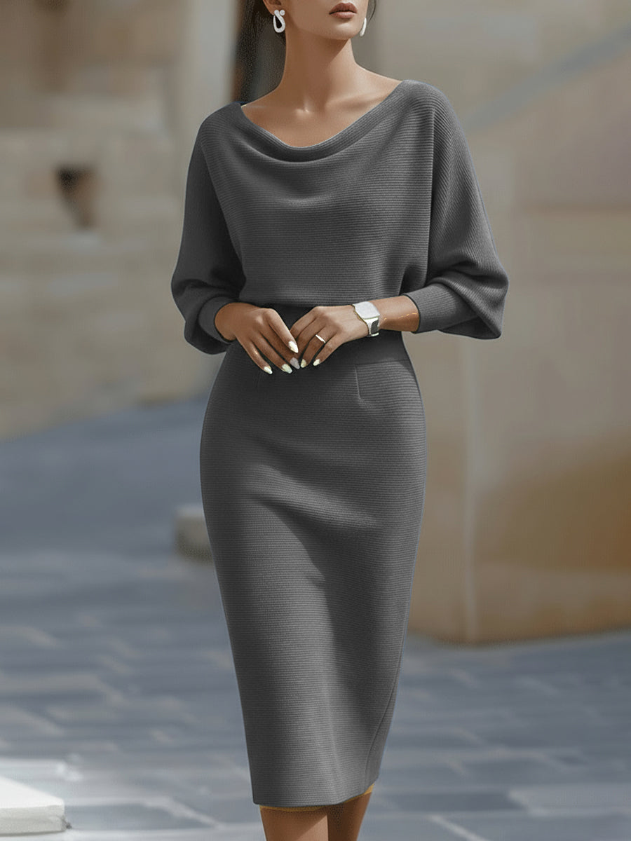 Rosabelle | Draped Cowl Neck Long Sleeve Midi Dress for Women