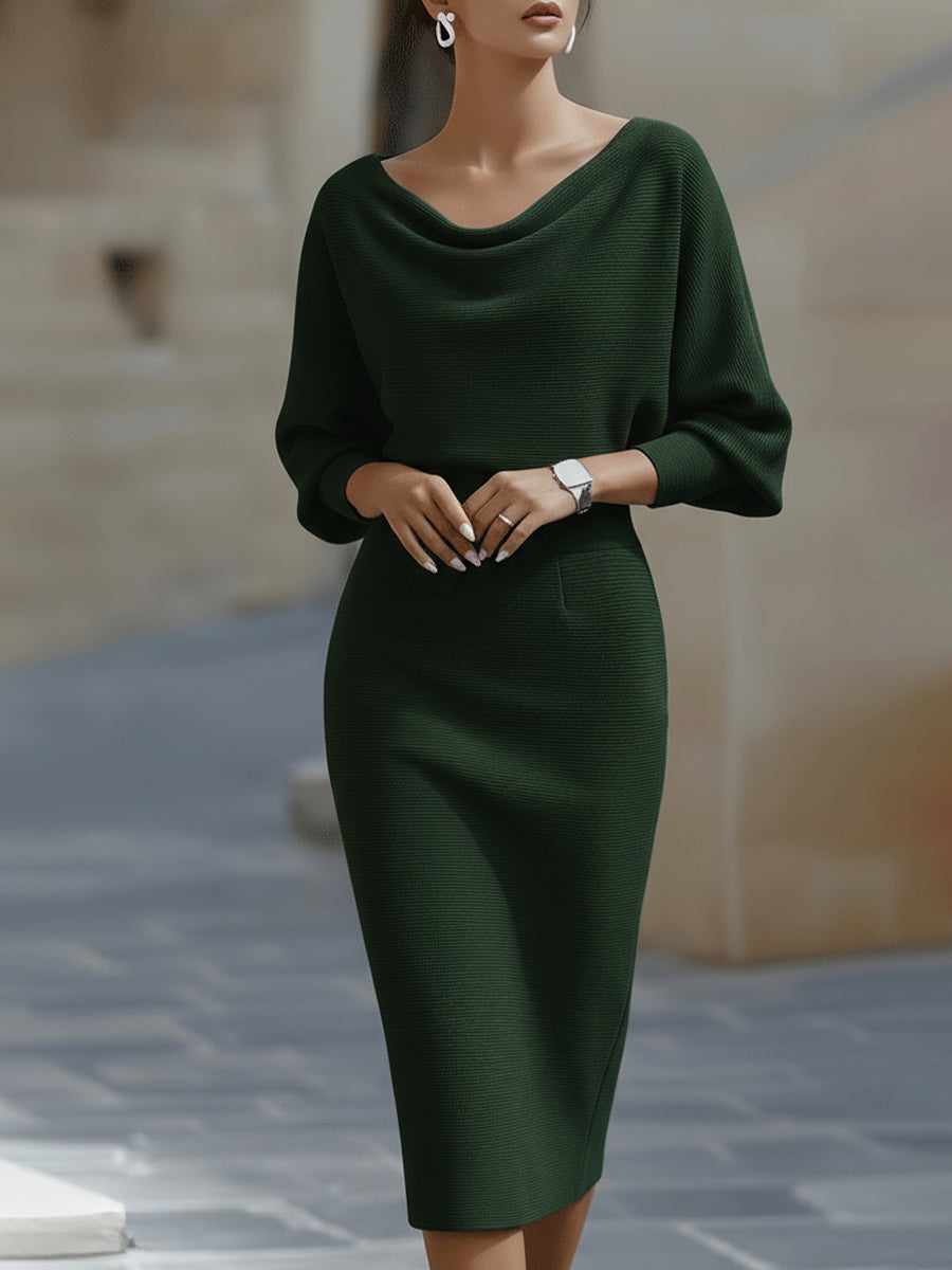 Rosabelle | Draped Cowl Neck Long Sleeve Midi Dress for Women