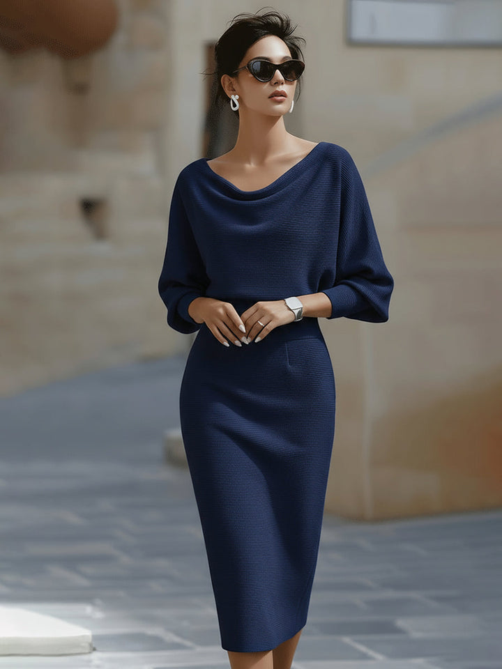 Rosabelle | Draped Cowl Neck Long Sleeve Midi Dress for Women