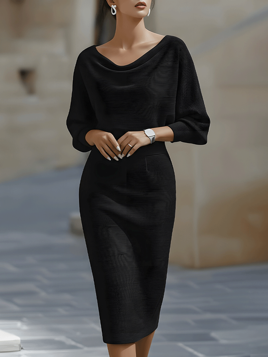 Rosabelle | Draped Cowl Neck Long Sleeve Midi Dress for Women
