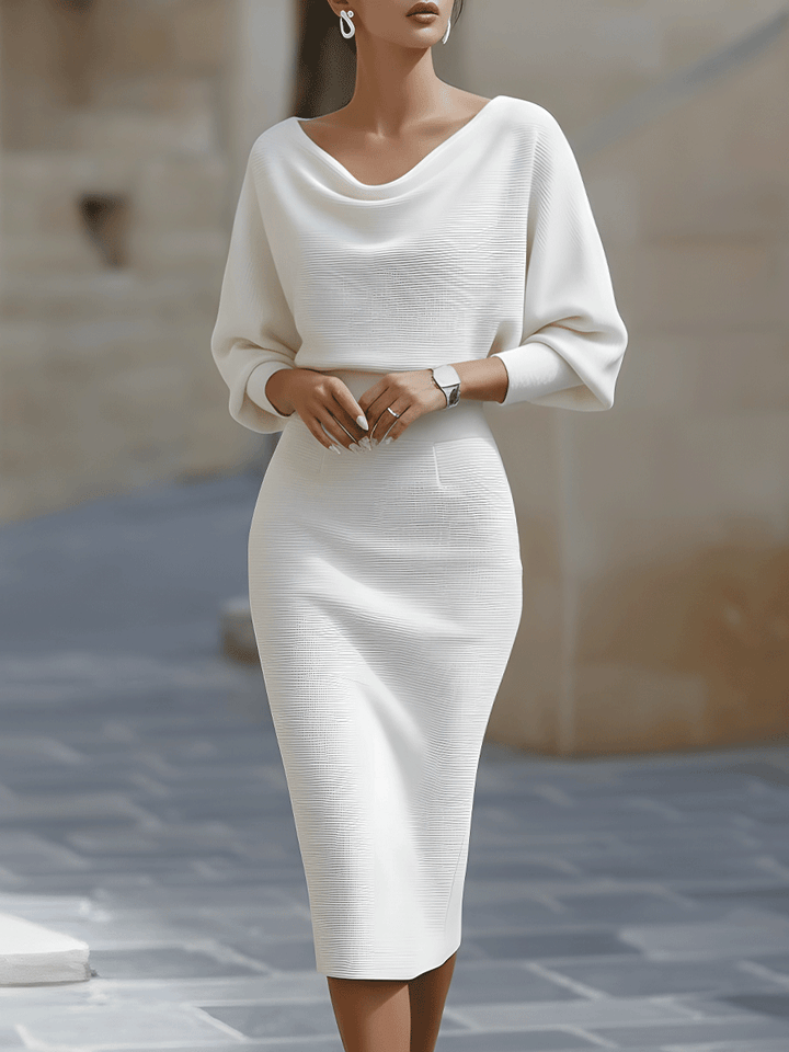 Rosabelle | Draped Cowl Neck Long Sleeve Midi Dress for Women