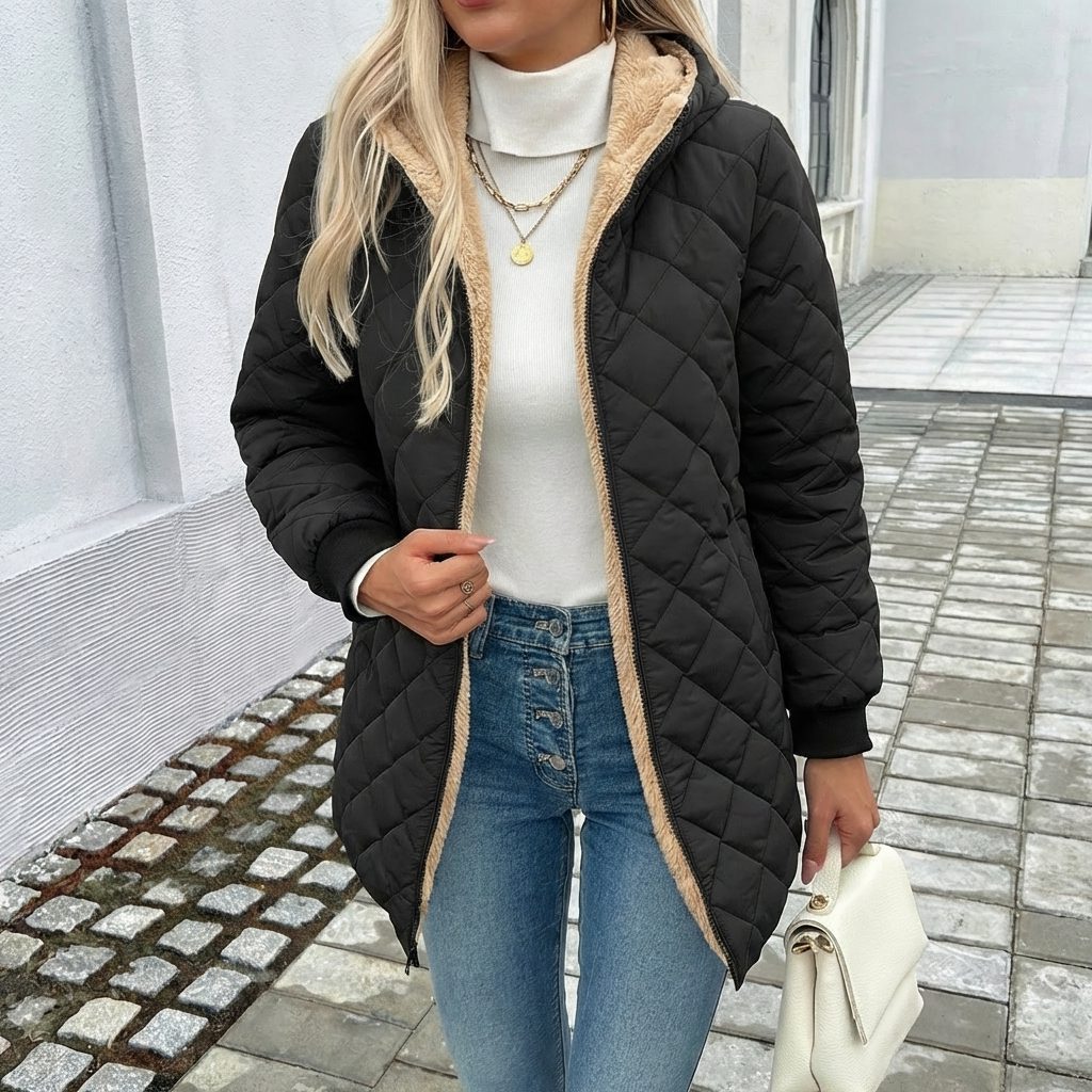 Ffion | Quilted Longline Puffer Coat with Hood for Women