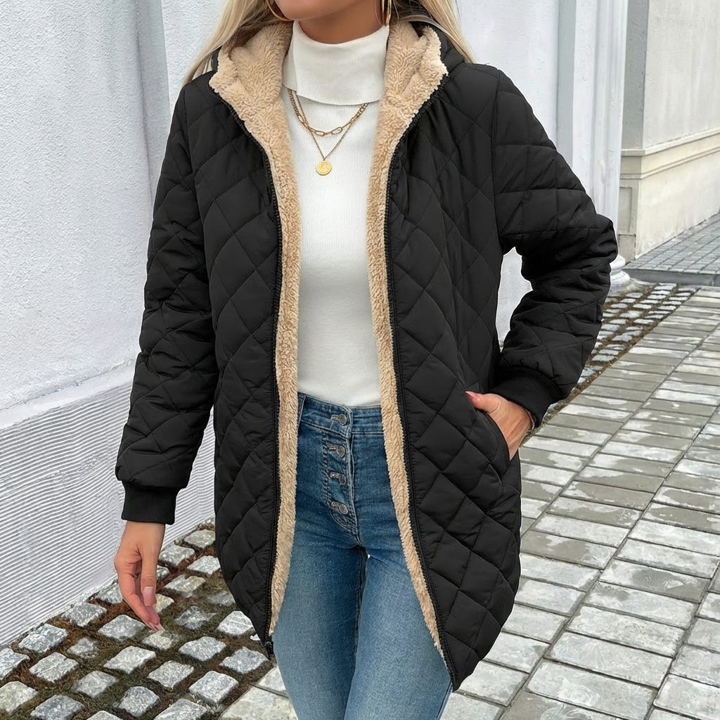 Ffion | Quilted Longline Puffer Coat with Hood for Women